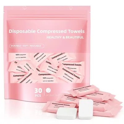 Shows the core product—disposable compressed towels in retail packaging—along with individual towel packets and expanded towels to communicate what the buyer receives and how the product works.…