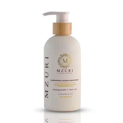 Displays the core product—a comforting lotion and moisturizer—with clean catalog presentation to communicate the brand identity, key ingredients (Pomegranate and Aloe Vera), and premium natural…