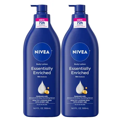 Shows two bottles of NIVEA Essentially Enriched Body Lotion as a multi-pack purchase, highlighting the 72-hour moisture benefit and key nourishing ingredients to communicate long-lasting hydration…