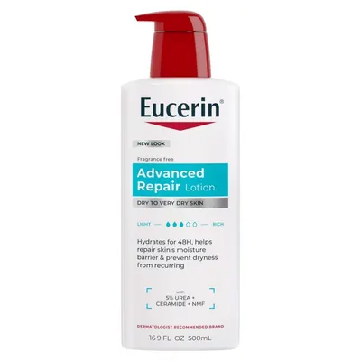 Displays the Eucerin Advanced Repair Lotion bottle clearly on a white background, allowing shoppers to see the product packaging, brand, pump dispenser, and key product claims like fragrance-free…