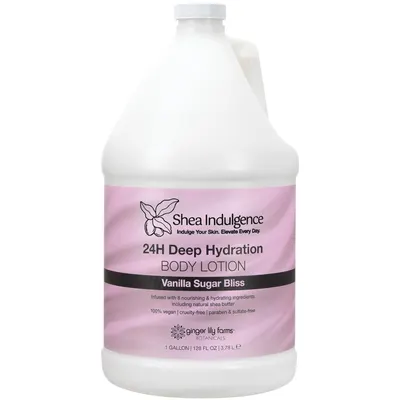 Displays the core product, a 1-gallon body lotion bottle, clearly showing the brand, product type, scent, and key benefits to help shoppers understand what they are purchasing. Shows the actual…