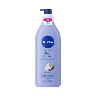 Displays the NIVEA Shea Nourish Body Lotion bottle clearly on a white background, allowing shoppers to see the product packaging, brand, key benefits like 48-hour moisture and shea butter…
