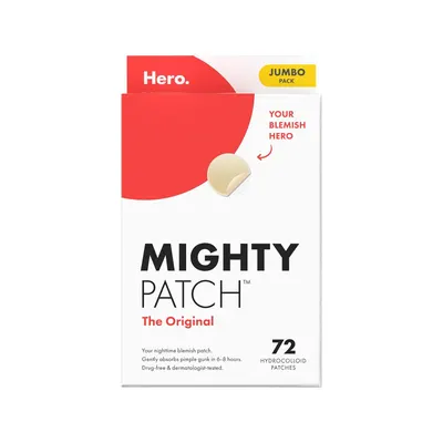 Shows the retail packaging to communicate the product quantity and value proposition of a jumbo-sized pack containing 72 hydrocolloid patches for blemish treatment. Uses graphic overlays including a…
