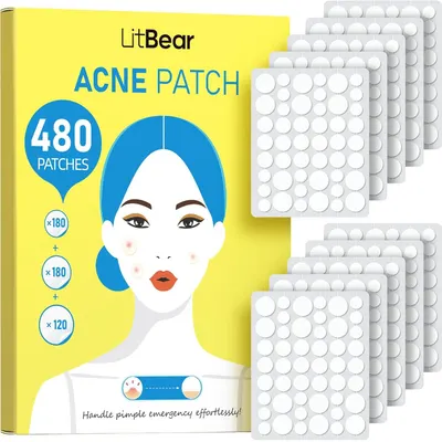 Shows the complete product offering with both the retail packaging and the actual acne patches included, communicating the quantity and variety of patches available to treat different blemish sizes.…