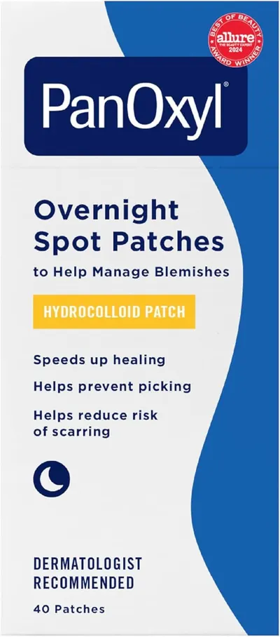 Shows the retail packaging to communicate the product's award-winning status, key technology (hydrocolloid patch), and primary benefits (speeds healing, prevents picking, reduces scarring) to help…