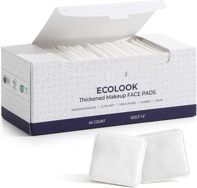 Shows the core product—a box of 60 makeup face pads—along with individual pads displayed in front to communicate the product's texture, quality, and eco-friendly features. Displays the retail…