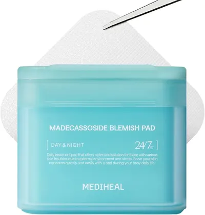 Displays the core product clearly with its key ingredient and benefit (blemish treatment) to help shoppers quickly identify what the product is and what it does. Uses a decorative textured…