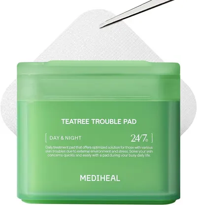 Displays the core product, a Mediheal Teatree Trouble Pad container, clearly showing the brand, product name, and key benefit of providing a daily treatment solution for skin troubles. Uses a soft…