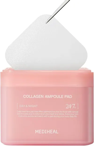Shows the core product - a jar of collagen ampoule pads with a pad being lifted by tweezers - to communicate what the shopper will receive and how the product looks in use. Demonstrates how to use…