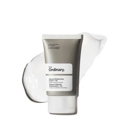 Displays The Ordinary Natural Moisturizing Factors + HA tube clearly with product branding and key benefit information to help shoppers identify the moisturizing skincare product. Shows a cream…
