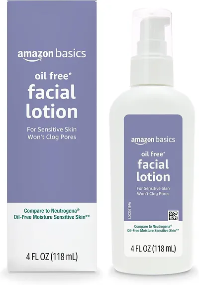 Shows the Amazon Basics facial lotion bottle and packaging to communicate the core product being sold, emphasizing its oil-free formula suitable for sensitive skin that won't clog pores. Displays…