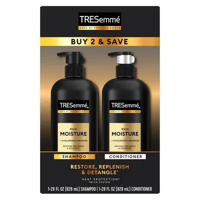 Shows the core product bundle of TRESemmé Rich Moisture shampoo and conditioner together, communicating that this is a two-item set purchase with a promotional offer. Displays the retail packaging…