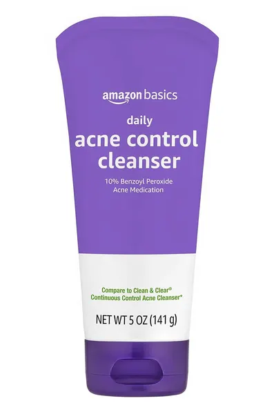 Displays the core product clearly on a white background, showing the Amazon Basics acne control cleanser tube with key product information visible to help shoppers identify the item and understand…