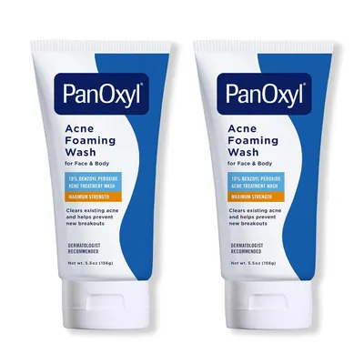 Displays two tubes of PanOxyl Acne Foaming Wash to show the product clearly, emphasizing the maximum strength benzoyl peroxide formula and dermatologist recommendation to reassure shoppers of its…