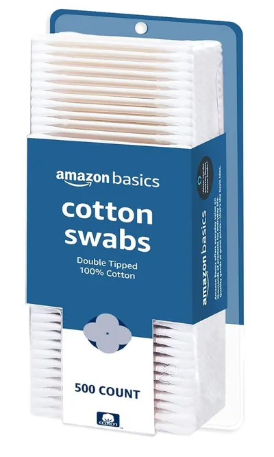 Shows the core product—a 500-count package of Amazon Basics cotton swabs—clearly displayed in its retail packaging to communicate what the shopper is purchasing. Displays the physical retail…