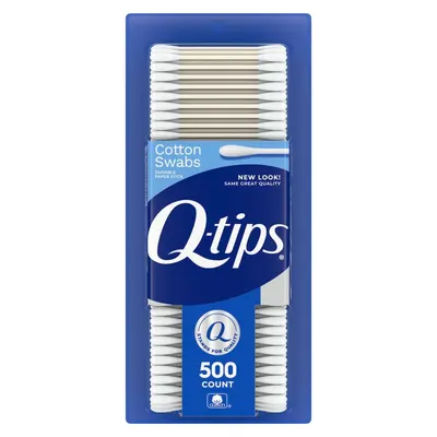 Shows the Q-tips cotton swabs product in its retail packaging to communicate the brand, product type, quantity, and key feature of durable paper sticks. Displays the physical retail packaging with…