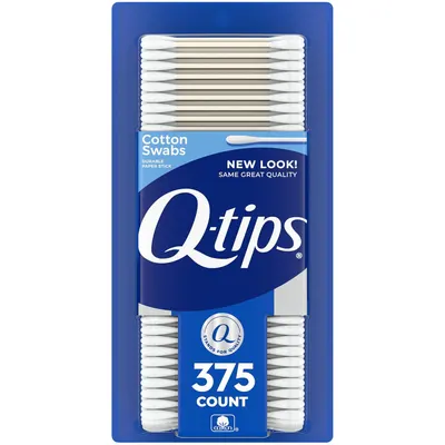 Shows the Q-tips cotton swabs product in its retail packaging to communicate the brand, product type, quantity (375 count), and key feature (durable paper stick). Displays the physical retail…