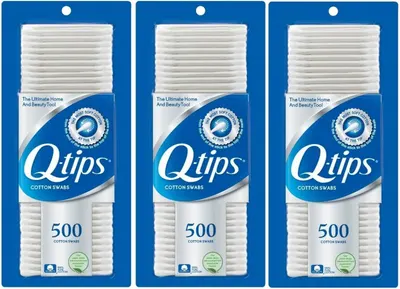 Shows the core product in a three-pack format, clearly displaying the Q-tips brand, quantity, and packaging to help shoppers understand what they are purchasing. Displays the actual retail packaging…