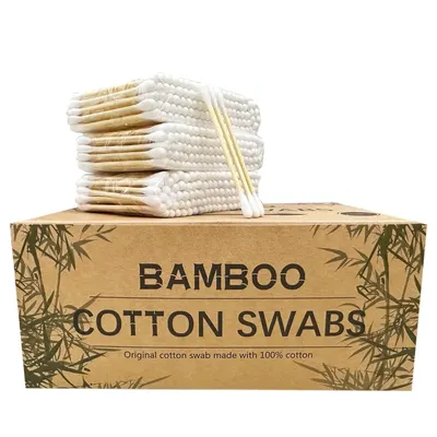 Shows the core product—bamboo cotton swabs—clearly displayed with retail packaging to communicate the eco-friendly material and quantity included in the purchase. Displays the retail packaging…