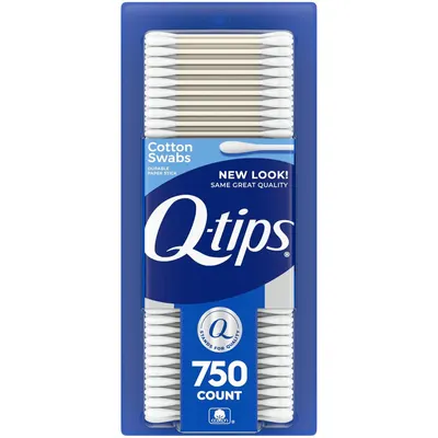 Shows the Q-tips cotton swabs product in its retail packaging, clearly displaying the brand, product type, quantity (750 count), and quality messaging to help shoppers identify and select the item.…