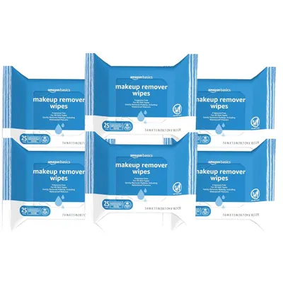 Shows the core sellable product—a multi-pack of Amazon Basics makeup remover wipes—clearly displayed to communicate what the shopper will receive. Displays the actual retail packaging the buyer will…