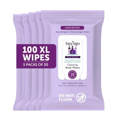 Shows the core product as a 5-pack bundle of cleansing body wipes, clearly displaying the packaging, brand, and key product details to help shoppers understand what they are purchasing. Displays the…