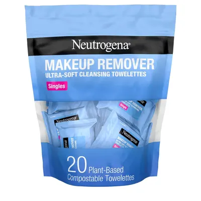 Shows the core product packaging clearly on a white background, allowing shoppers to see exactly what they will receive: a pouch of 20 individually-wrapped makeup remover towelettes. Displays the…