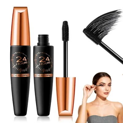 Displays the core mascara product with its distinctive copper cap and black tube, showing both closed and open states with the brush applicator to communicate what the shopper is purchasing. Shows a…