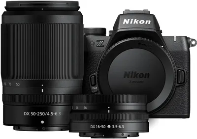 Displays the Nikon Z mirrorless camera body with two included lenses to show the complete kit and communicate the versatility of the system. Shows that the purchase includes multiple lenses as…