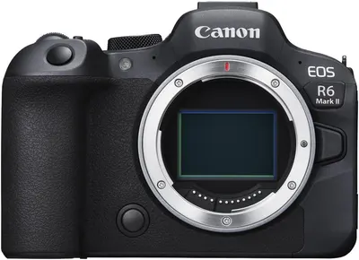 Displays the Canon EOS R6 Mark II camera body clearly to show the product's professional design, branding, and key features like the lens mount and sensor.