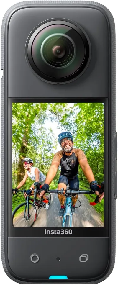 Shows the core product, an Insta360 action camera, with its prominent lens and built-in display screen showing sample footage to communicate its video capture capabilities. Demonstrates the camera's…