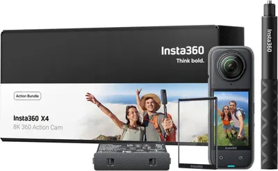 Displays the complete Insta360 X4 action camera bundle including the camera, retail packaging, battery, and selfie stick to show shoppers everything included in the purchase. Shows the additional…