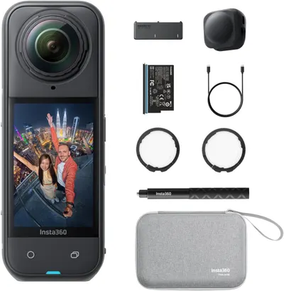 Shows the core Insta360 camera product along with all included accessories to communicate the complete package the buyer will receive. Displays all the included accessories and parts that come with…