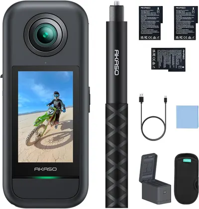 Shows the core product, an AKASO 360-degree action camera with integrated touchscreen display, demonstrating its form factor and key design features to help shoppers understand what they are…