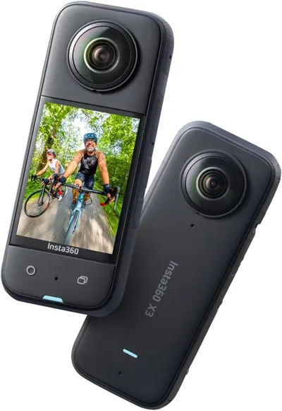 Shows the core product—an Insta360 action camera—with its key feature of a built-in touchscreen displaying captured footage, communicating its capability to capture and preview immersive 360-degree…