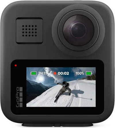 Shows the core GoPro action camera product with its built-in display screen showing live recording functionality, communicating the product's design and key features to potential buyers.…