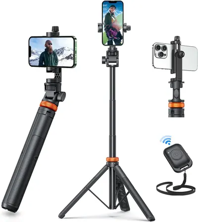 Shows the complete smartphone tripod/selfie stick system with all its components and configurations to communicate versatility and functionality to shoppers looking for a comprehensive mobile…