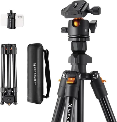 Shows the complete tripod system with all its components to communicate the full product offering, including the tripod, ball head mount, phone adapter, carrying case, and collapsed view for…