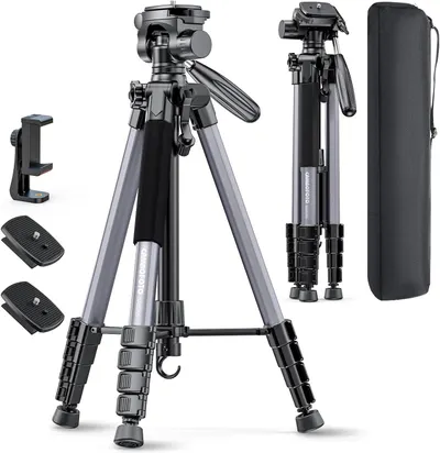 Displays the core tripod product clearly on a white background to show its design, build quality, and professional appearance for photography and videography use. Shows all included accessories and…