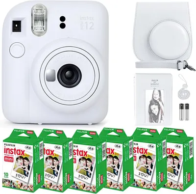 Displays the complete Instax Mini 12 instant camera bundle including the camera, protective case, accessories, and film packs to show shoppers everything included in the purchase. Showcases all the…