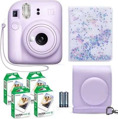 Shows the core Instax Mini 12 instant camera along with all included accessories and extras to communicate the complete bundle value to the shopper. Displays all the included accessories and extras…