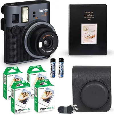 Displays the Instax Mini 41 instant camera along with all included accessories and extras to show shoppers everything they receive in the bundle purchase. Shows all the included accessories that…