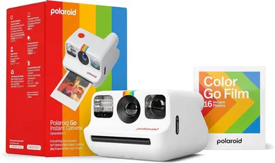 Displays the core Polaroid Go instant camera product alongside its retail packaging and included film pack to show shoppers exactly what they will receive. Shows the colorful retail packaging and…