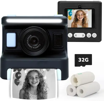 Shows the core sellable instant camera product with its key components including the camera unit, display screen, and included accessories to help shoppers understand what they will receive.…