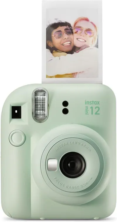 Shows the core product, an Instax Mini 12 instant camera, with a printed photo emerging from the top to demonstrate its instant photo printing capability and appeal to shoppers looking for a fun,…