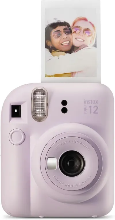 Shows the core product, an Instax Mini 12 instant camera in lavender, with a printed photo to demonstrate its instant photo printing capability and appeal to shoppers looking for a fun, nostalgic…