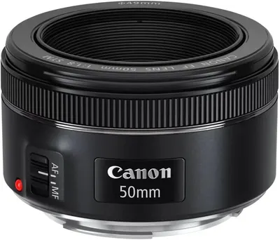 Displays the Canon 50mm camera lens as the core sellable product in a clean catalog-style presentation, allowing shoppers to clearly see the product design, branding, and specifications.
