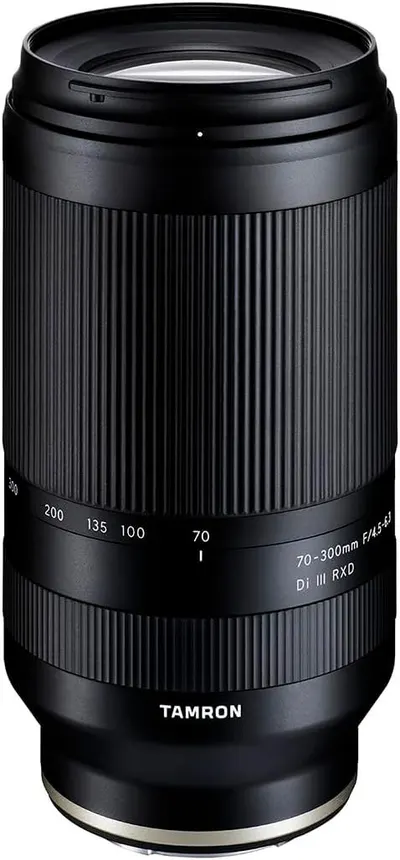 Shows the core product, a Tamron 70-300mm camera lens, in a clean catalog-style presentation to communicate its physical appearance and specifications.