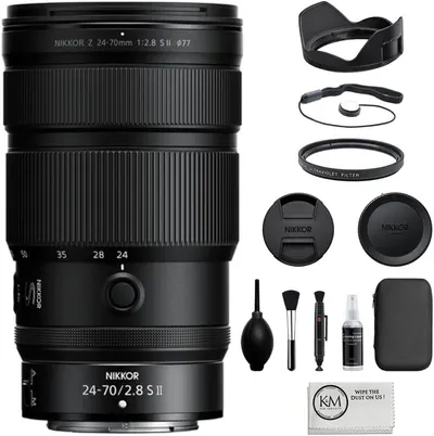 Displays the core Nikkor Z 24-70mm lens clearly so shoppers can see the product they are purchasing. Shows all included accessories such as lens hood, caps, filter, cleaning tools, and carrying case…