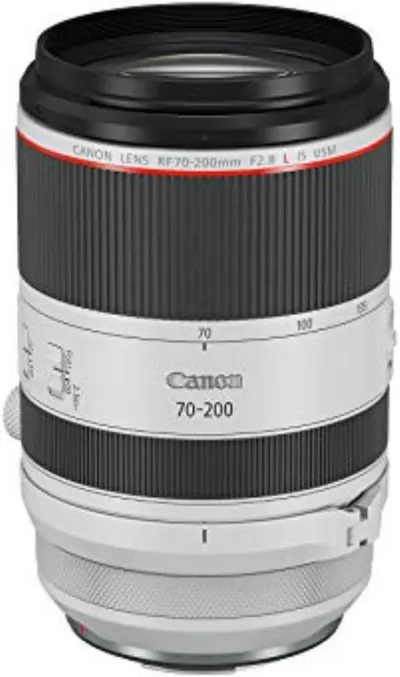 Displays the Canon RF 70-200mm F2.8 L IS USM lens in a clean catalog style to show the product's professional design, build quality, and key specifications clearly visible on the lens body.